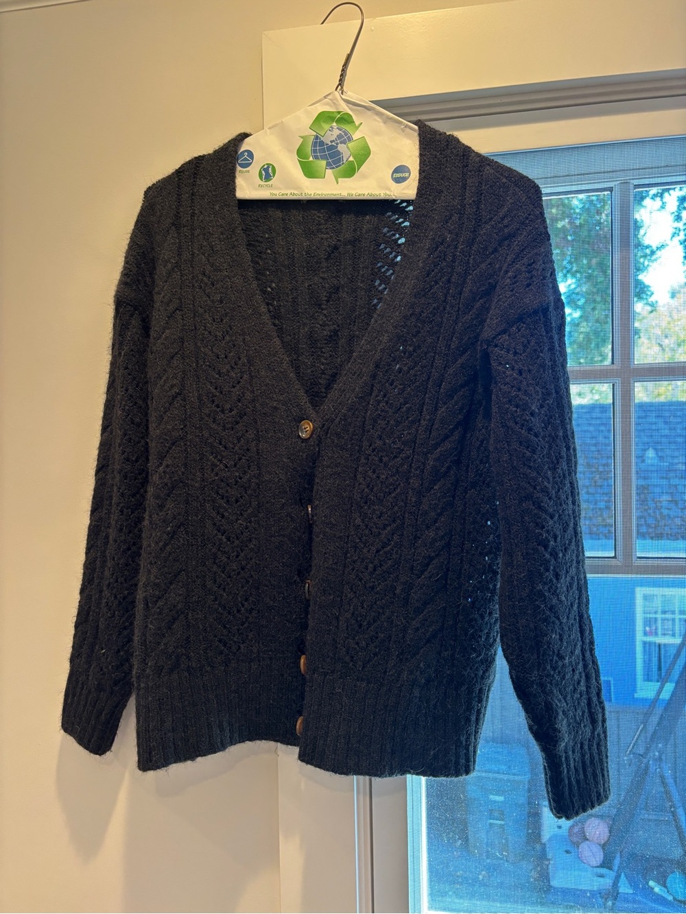 Anthropologie Black Cable Knit V-Neck Button Cardigan